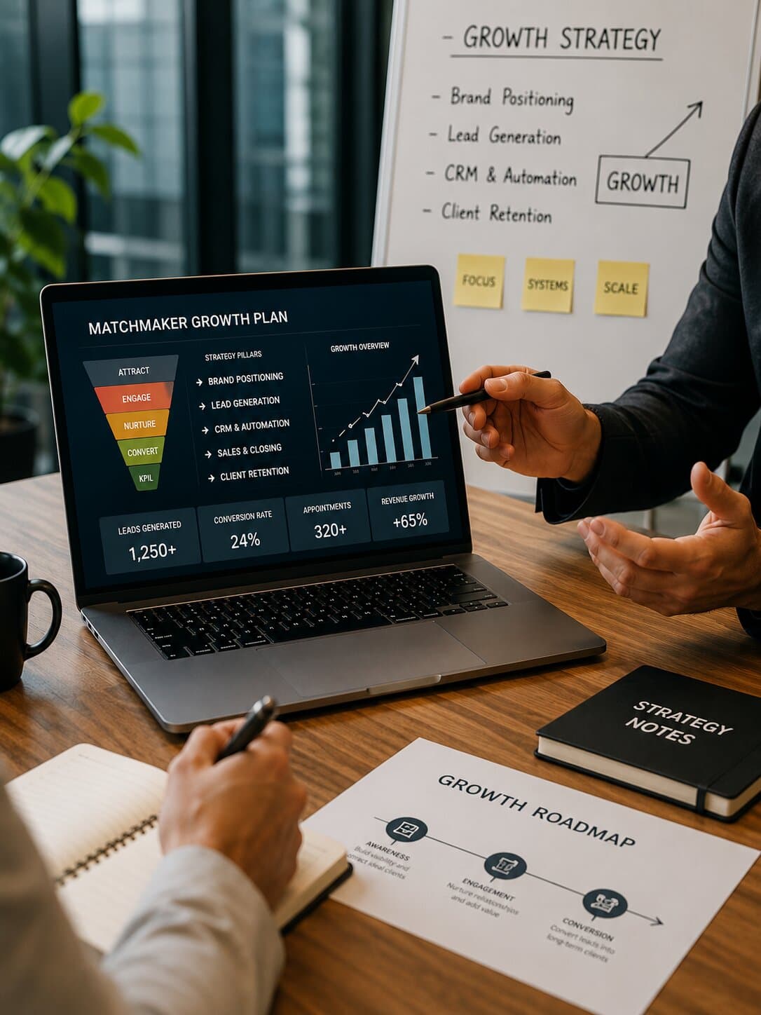 A strategy session mapping out a matchmaker's growth system