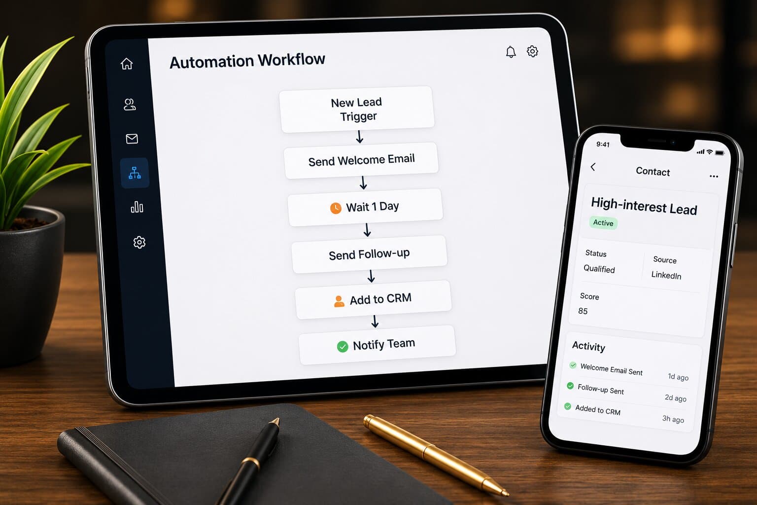 Automation workflow diagram and CRM contact record on tablet and phone