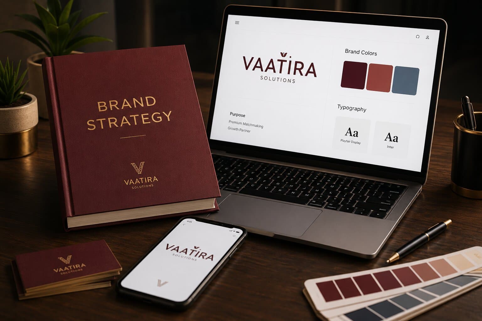 Vaatira brand strategy book and laptop showing brand colors and typography