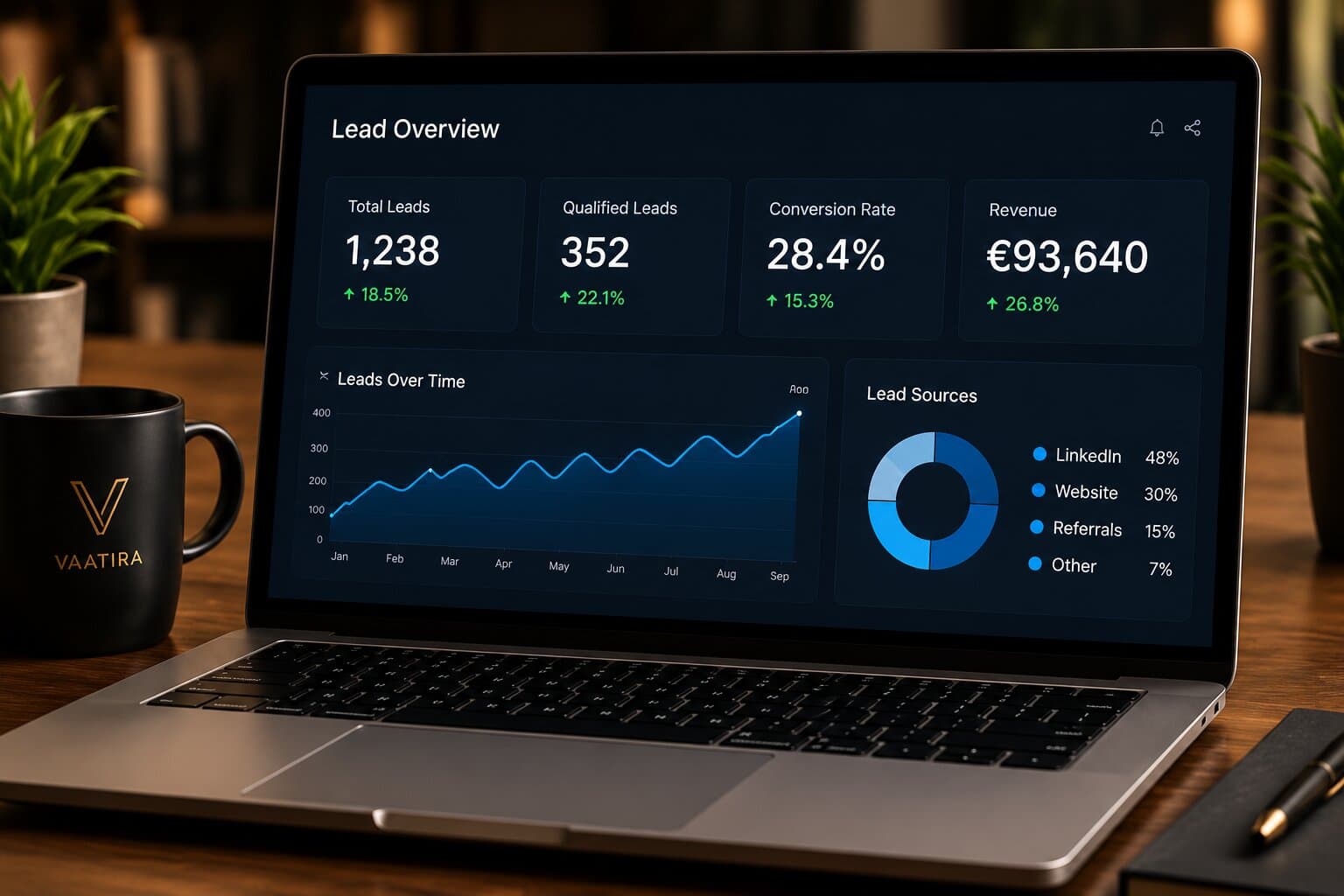 Lead overview dashboard showing total leads, qualified leads, conversion rate, and revenue